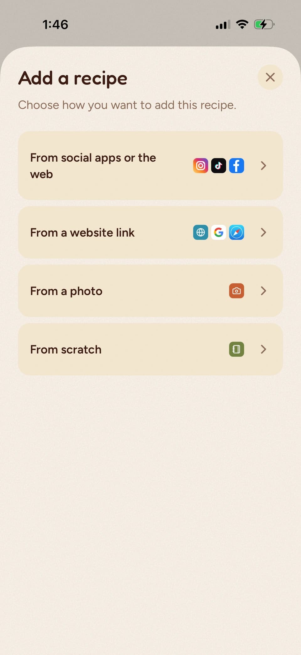 The Add a recipe screen in the Bento app
