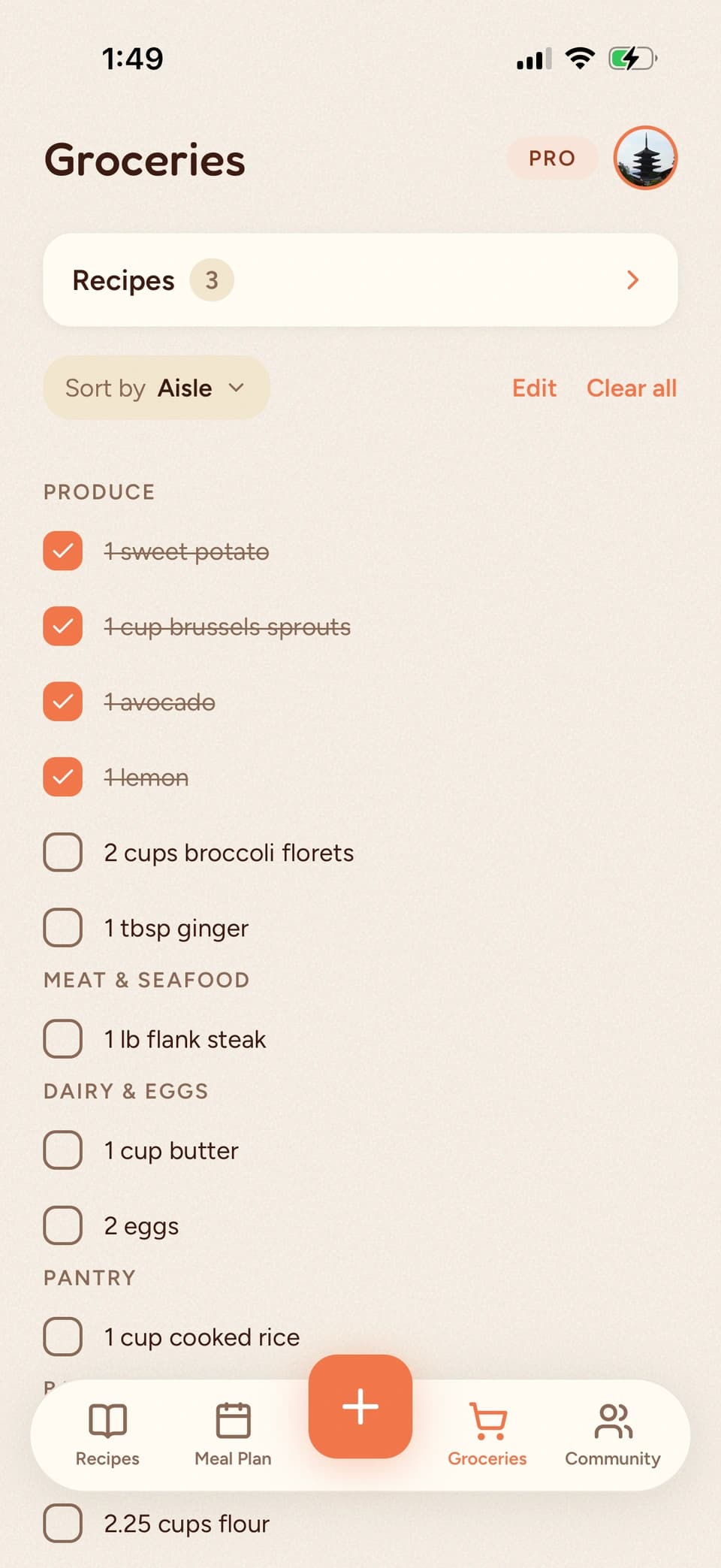 The Groceries screen in the Bento app