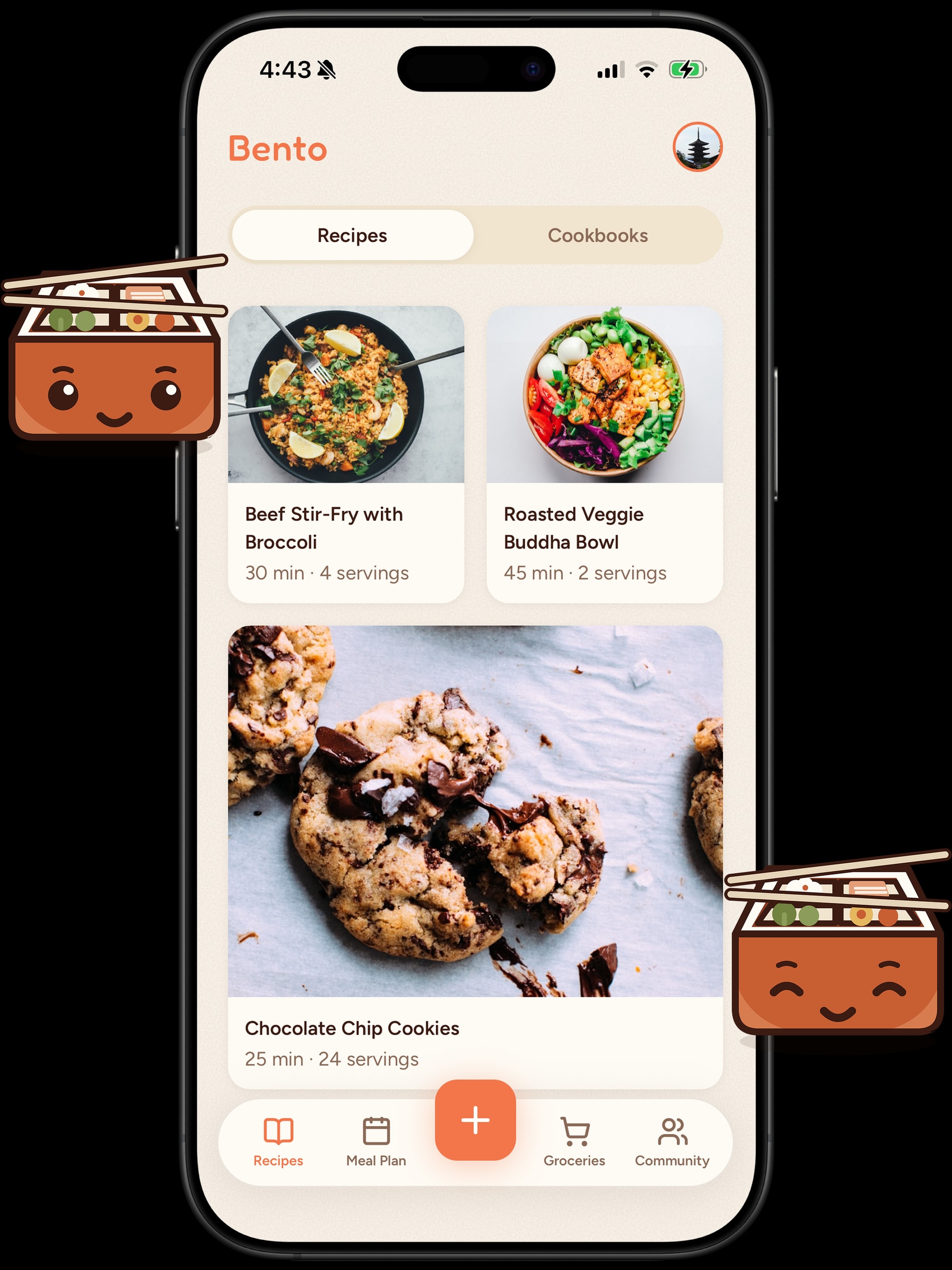 The Recipes screen in the Bento app